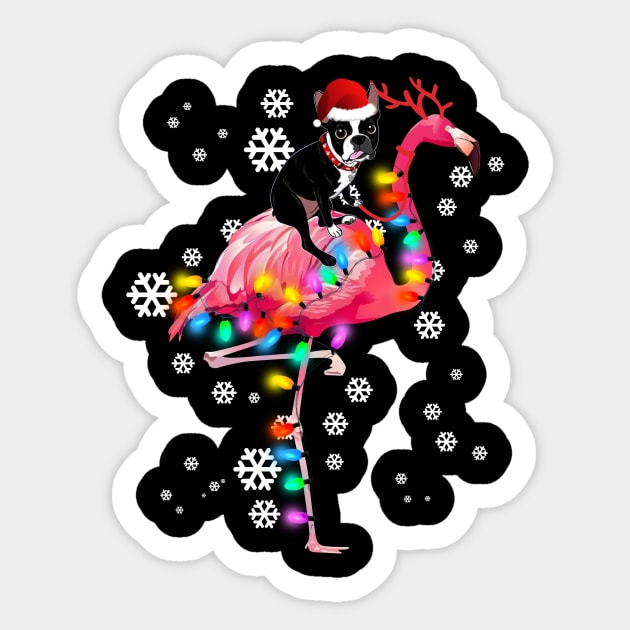 Boston Terrier riding Flamingo Christmas Sticker by wheeleripjm